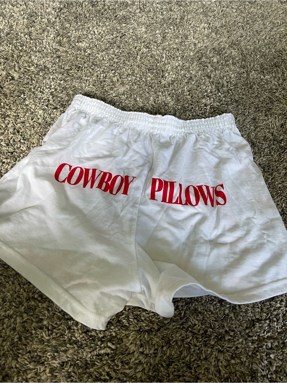 White 'Cowboy Pillows' Shorts with Red Print